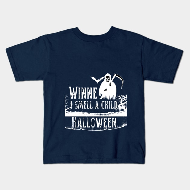 Copy of Winnie I smell a child vintage Halloween costume | Dark colors combination Kids T-Shirt by Designmagenta